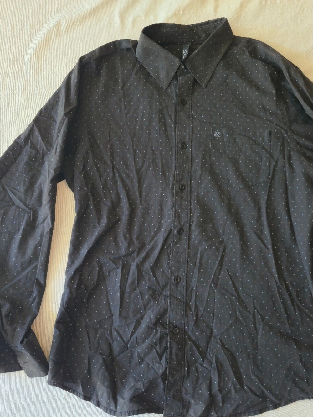 KR3W Men's Long Sleeve Button-Up Shirt Large Black with Polka Dots